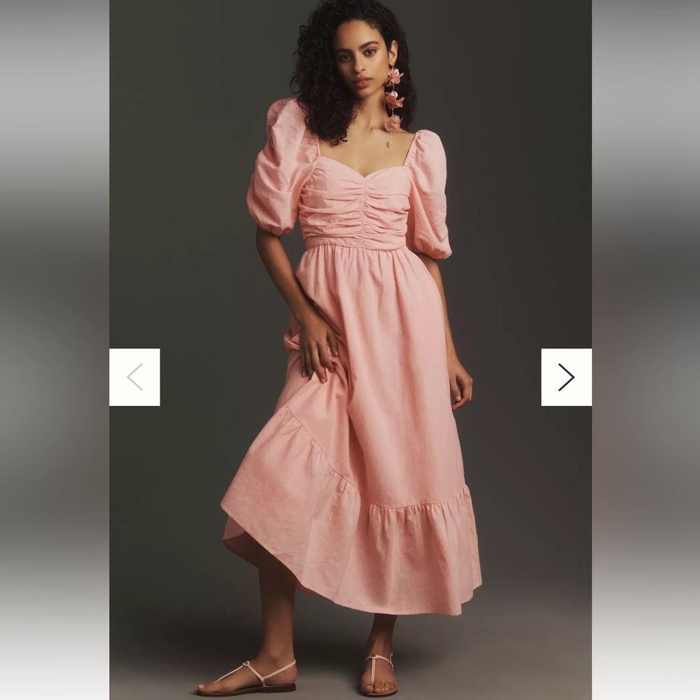 Pink Midi Sundress with Sweetheart Neckline and Puff Sleeves